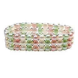 3 Rows of Fresh Water Multi-Colored Pearl Bracelet in Sterling Silver