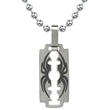 Dangerous Sophistication: Titanium Brushed-finish Razor Blade with Black Spider Pendant on a Steel Ball Chain for Men