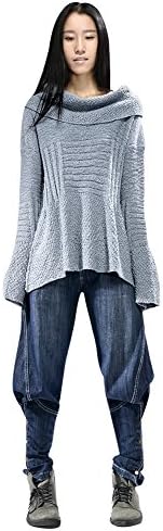 Souline Vintage Scarf Collar Irregular Women Unique Cotton Pullover Sweater Size M Color Blue Grey