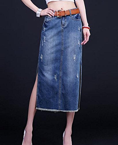 (ALLURE) タイト デニムスカート ペンシルスカート ミモレ丈 ロング スリット ブルー AF0510