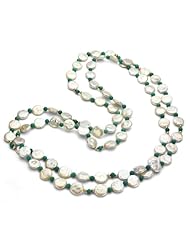 14k Yellow Gold 10-11mm White Coin Freshwater Pearl with 24pcs 3mm Yellow Gold Beads and 4mm Round Green Magnesite Endless Necklace 48" Length.