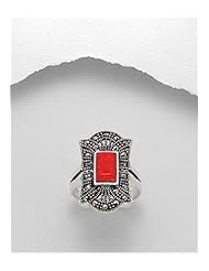 Red Resin Marcasite Ring In 92.5 Sterling Silver