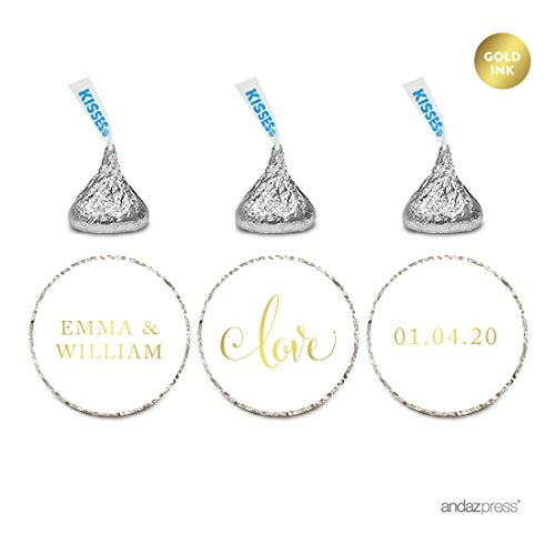 Andaz Press Personalized Wedding Chocolate Drop Label Stickers, Love, Metallic Gold Ink, 216-Pack, for Engagement Bridal Shower Kisses Party Favors