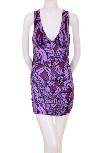 Must Have Padded Bra Sleeveless Black Lace Low Cowl Back Ruched Sides Black Purple Lavender Leave Print Lined Dress Purple