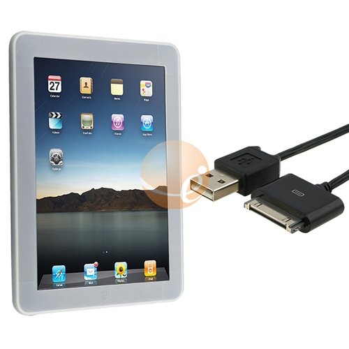 Clear White Silicone Skin Case + INSTEN Black Retractable USB Data Charging Cable for Apple iPad 16GB / 32GB / 64GB