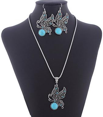 European Kallaite Diamanted With Hollow Butterfly Pandent Silver Alloy (Necklaces&Earrings&) Gemstone Jewelry Sets