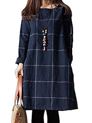 Long Sleeves Cotton/Linen Shift Checkered Print  Dress