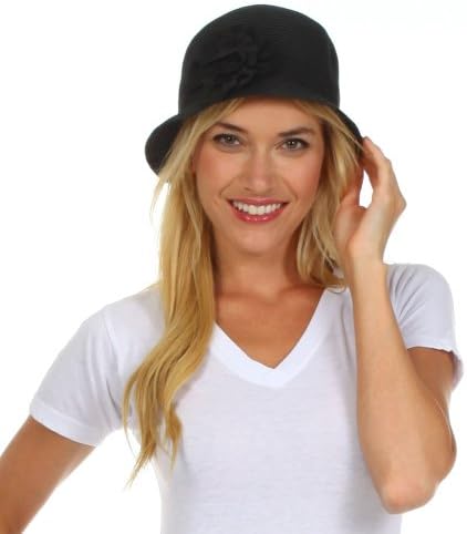 Womens 100% Paper Straw Black Flower Accent Cloche Bucket Bell Summer Hat