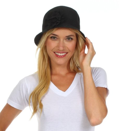 Womens 100% Paper Straw Black Flower Accent Cloche Bucket Bell Summer Hat