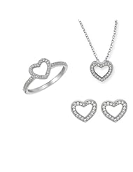 BRI Jewelry Sterling Silver Clear Micropave Cubic Zirconia Heart Shape Set - Pendant - Earring - Ring Size 7