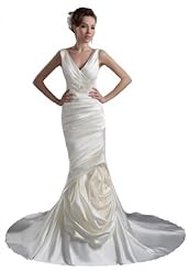 V-neck Charmeuse Belted Mermaid  Dress with a Court Train 