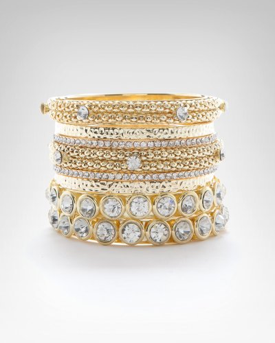 Bebe Large Crystal Hammered Bangle Set CRYSTAL IN GOLD onesize