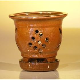 Bonsai Boy's Ceramic Orchid Pot with Attached Tray <br>5.0"x5.125" Tall<br>Aztec Orange Color - Round<br>Sized to fit 4.0" Plastic Growing Pot
