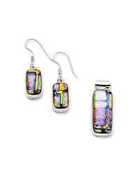Sterling Silver Muliticolor Dichroic Glass Earrings & Pendant Set, Best Quality Free Gift Box Satisfaction Guaranteed