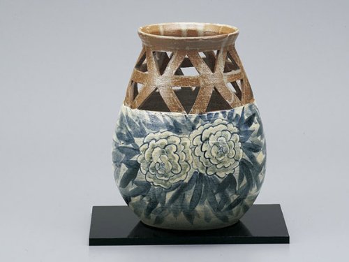 九谷焼 花瓶 染付牡丹 7.5号 