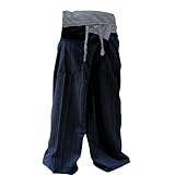2 TONE Thai Fisherman Pants Yoga Trousers FREE SIZE Plus Size Cotton Dark Blue and Drill Striped GRAY