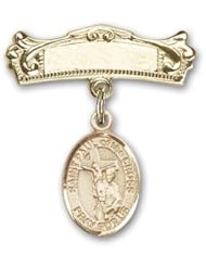 Gold Filled Baby Badge with St. Paul of the Cross Charm and Arched Polished Badge Pin