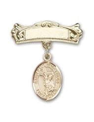 14K Gold Baby Badge with St. Paul of the Cross Charm and Arched Polished Badge Pin