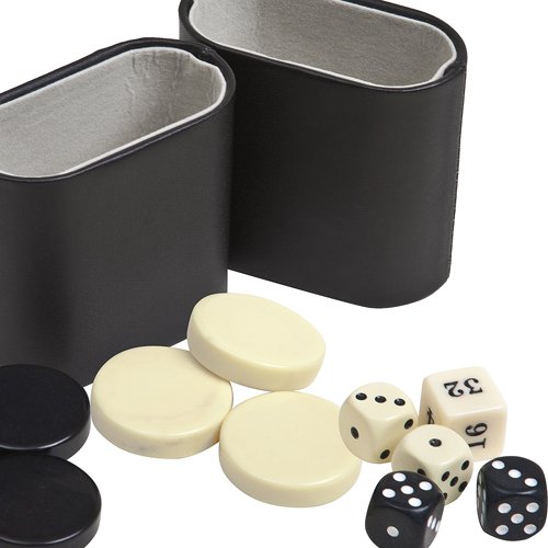 Backgammon Checkers, Dice & Two Genuine Leather Dice Cups-Black/Ivory 1 5/8