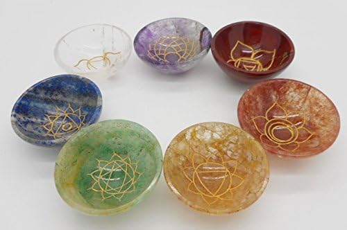7 Chakra 2" Crystal Gemstone Bowls Engraved with Corresponding Symbols