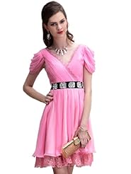 A-line V-neck Short  Lace Beaded Pleated Prom Dress/Party Dress  With Rhinestones and a Sash 