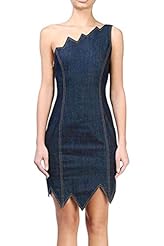 One Shoulder Denim/Polyester Zig Zag Bodycon Dress 
