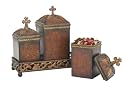 3 Decorative Iron Canister Boxes Cross Shaped Lids & Tray Antique Gold & Black Finish