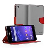GMYLE(R) 財布ケースクラシックSony Xperia Z2 Sirius専用 - シルバーグレー&レッド十字パターン PUレザースタンド手帳型ケースカバー（2カードスロットやマネーポケット付き）