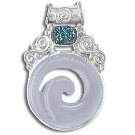 Sterling Silver African Blue Chalcedony Swirl w/ Green Druzy Accent Pendant by Sajen