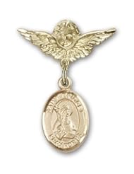 Gold Filled Baby Badge with St. Bridget of Sweden Charm and Angel with Wings Badge Pin