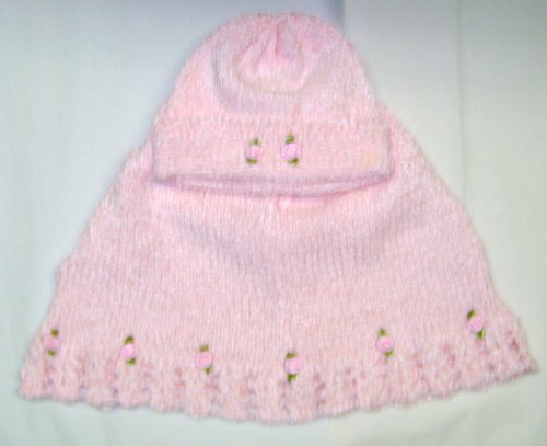 Pc1.1, Knitted on Hand Knitting Machine Infant Girls Baby Pink Chenille Poncho Hat Set Trimmed with Satin Rosebuds