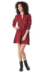 V-neck Long Sleeves Cotton Checkered Print  Shirt  Dress