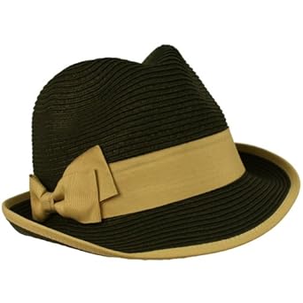 2 Tone Ribbon Bow Beach Summer Fedora Trilby Crusher Sun Cap Hat Black Khaki