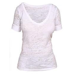 White All Over Classic Print Burnout Burn Out Partially See through Deep V Tee, Fashion Forward!