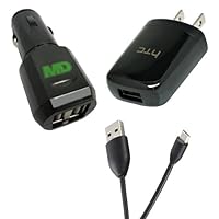 HTC Micro USB AC Travel Charger Adapter, Charging Data Cable and Malcom Distributors Dual USB Port 2.1A Car Charger Power Adapter for HTC Micro USB Data Charging Cable for HTC Thunderbolt, Thunderbolt 4G, HTC Freestyle, HTC 7 PRO, HTC DROID Incredible 2