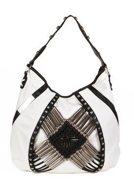 White & Black Faux Leather Shoulder Bag: White & Black Shoulder Bag