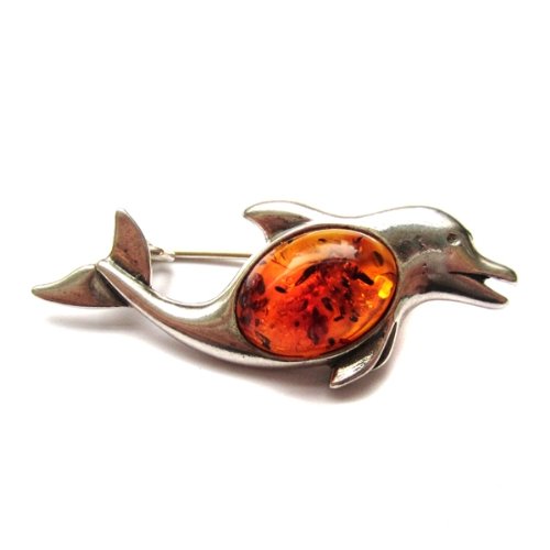 Honey Amber Sterling Silver Museum Collection Classic Dolphin Pin 19th Century
