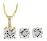 14k Yellow Gold Plated Sterling Silver Round Cubic Zirconia Pendant with A Three Stone Bale and Round Stud Earrings Set