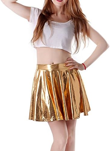 Encan Women's Shiny Liquid Metallic Wet Look Flared Pleated Skater Skirt
