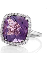 Anti Tarnish Sterling Silver 14mm Cushion Cut Amethyst and Round White Sapphire Ring