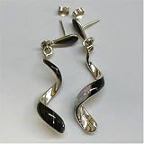 Spiral Drop Sterling Silver Earrings with Inlay Polished Onyx and Synthetic Opal Accent