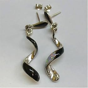 Click here to buy Spiral Drop Sterling Silver Earrings with Inlay Polished Onyx and Synthetic Opal Accent by Silver Magic.