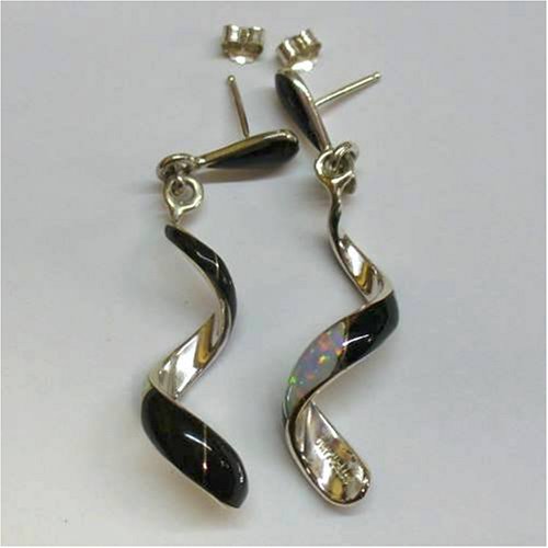 Click here to buy Spiral Drop Sterling Silver Earrings with Inlay Polished Onyx and Synthetic Opal Accent.