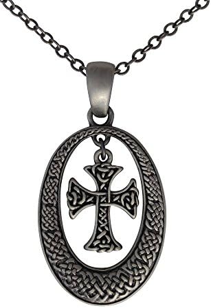 Masada Jewelry, Pewter Celtic Knot Cross with Oval Frame Pendant Necklace