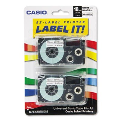 CasioÂ® Tape Cassettes for KL Label Makers, 18mm x 26ft, Black on White, 2 per Pack