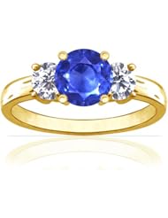18K Yellow Gold Round Cut Blue Sapphire Three Stone Ring
