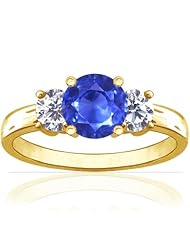 14K Yellow Gold Round Cut Blue Sapphire Three Stone Ring