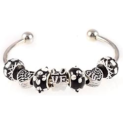 Black Tie for Pandora Style Beads on Sterling Silver Plated Twist End Bangle (1)