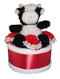 Red Cow 1 Tier Diaper Cake w/ Pampers Swaddlers, 10″ Stuffed Animal, and Precious Cargo Baby Apparel