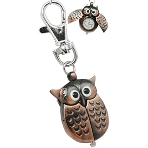 Wise Old Owl Copper Finished Key Chain Clip Pocket Watch